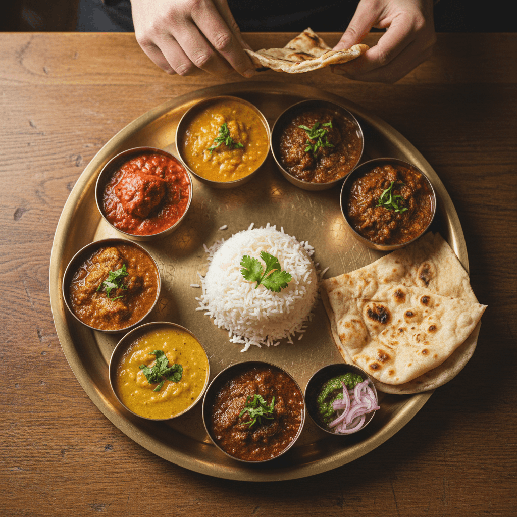 Authentic Indian thali with multiple curries, rice, and naan bread arranged on traditional brass plate