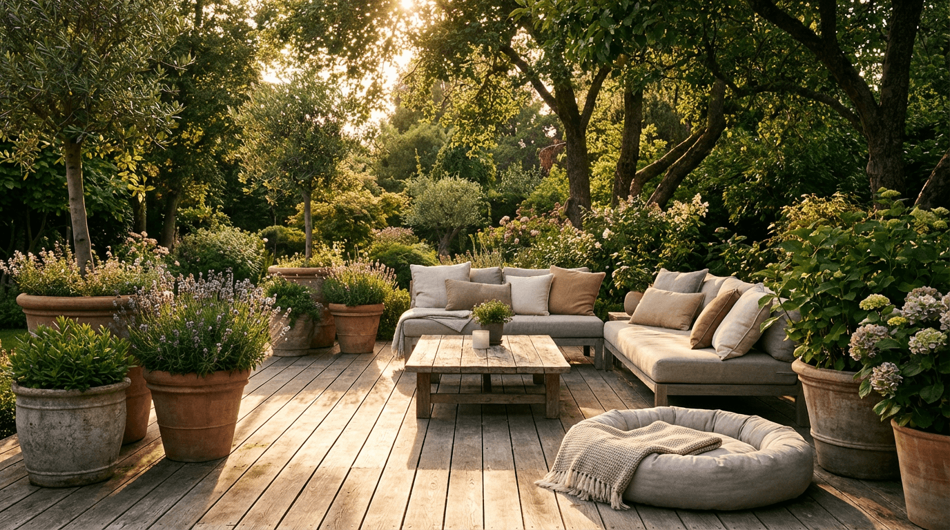 Terrace garden with residents relaxing