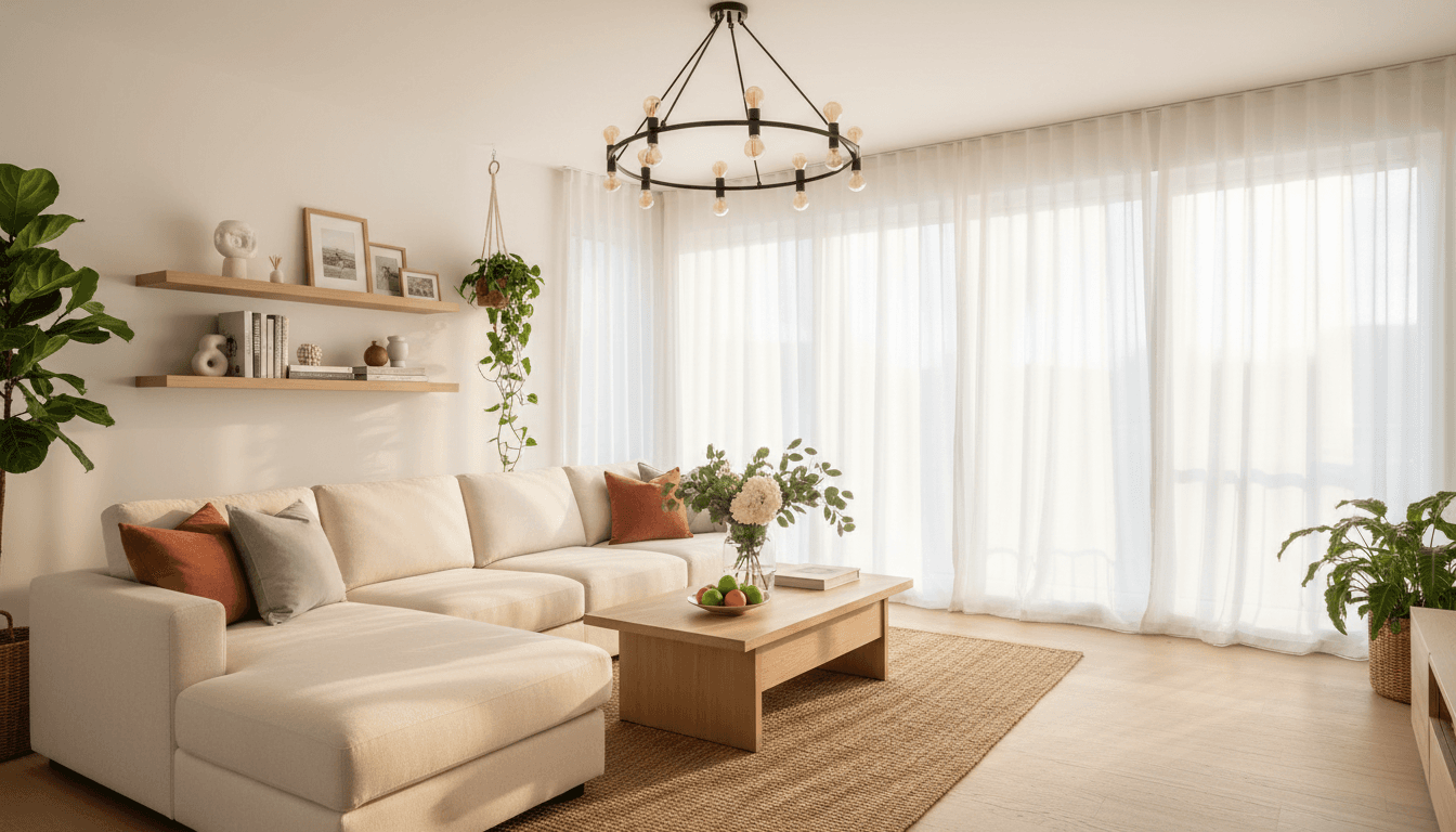 Spacious living room with modern furnishings and natural light