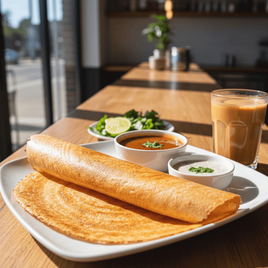 Crispy golden dosa with sambar and coconut chutney on white plate, served with traditional spiced chai in casual dining setting