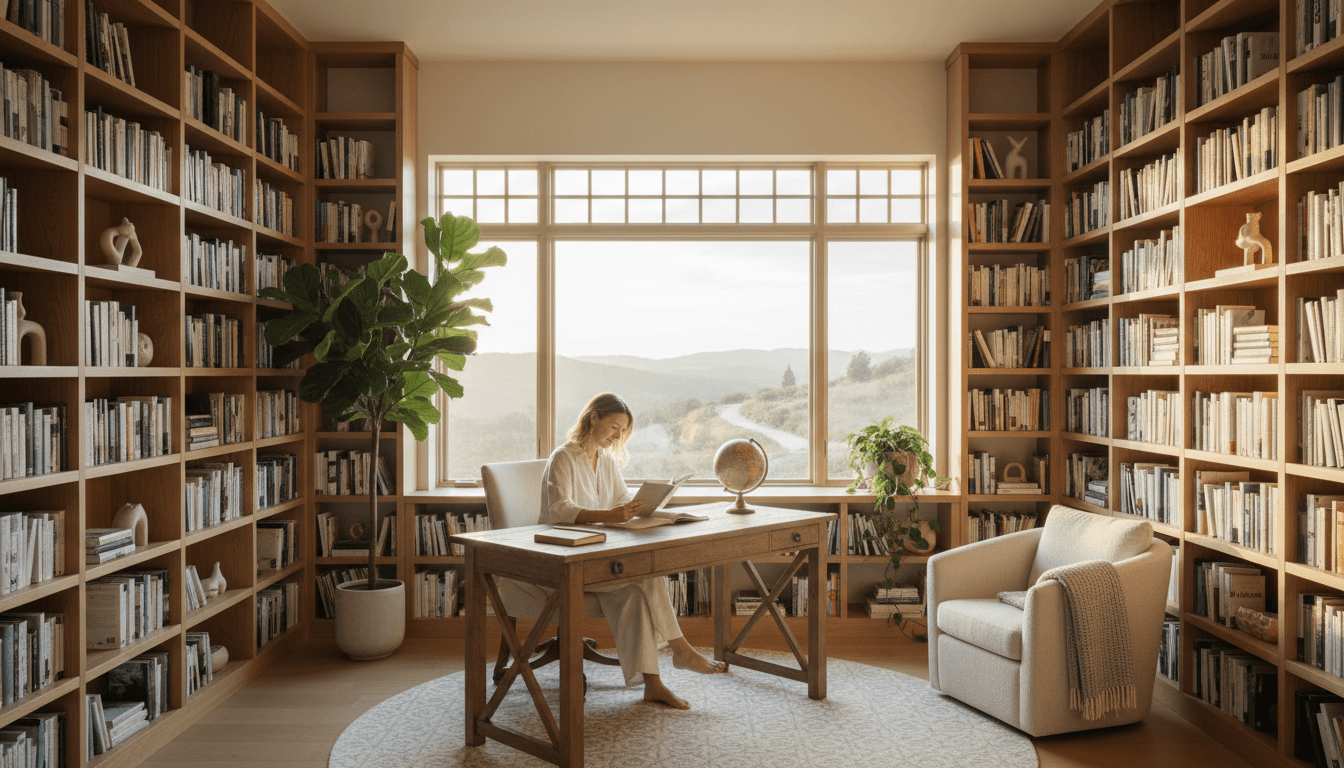 Library and study space with focused resident studying