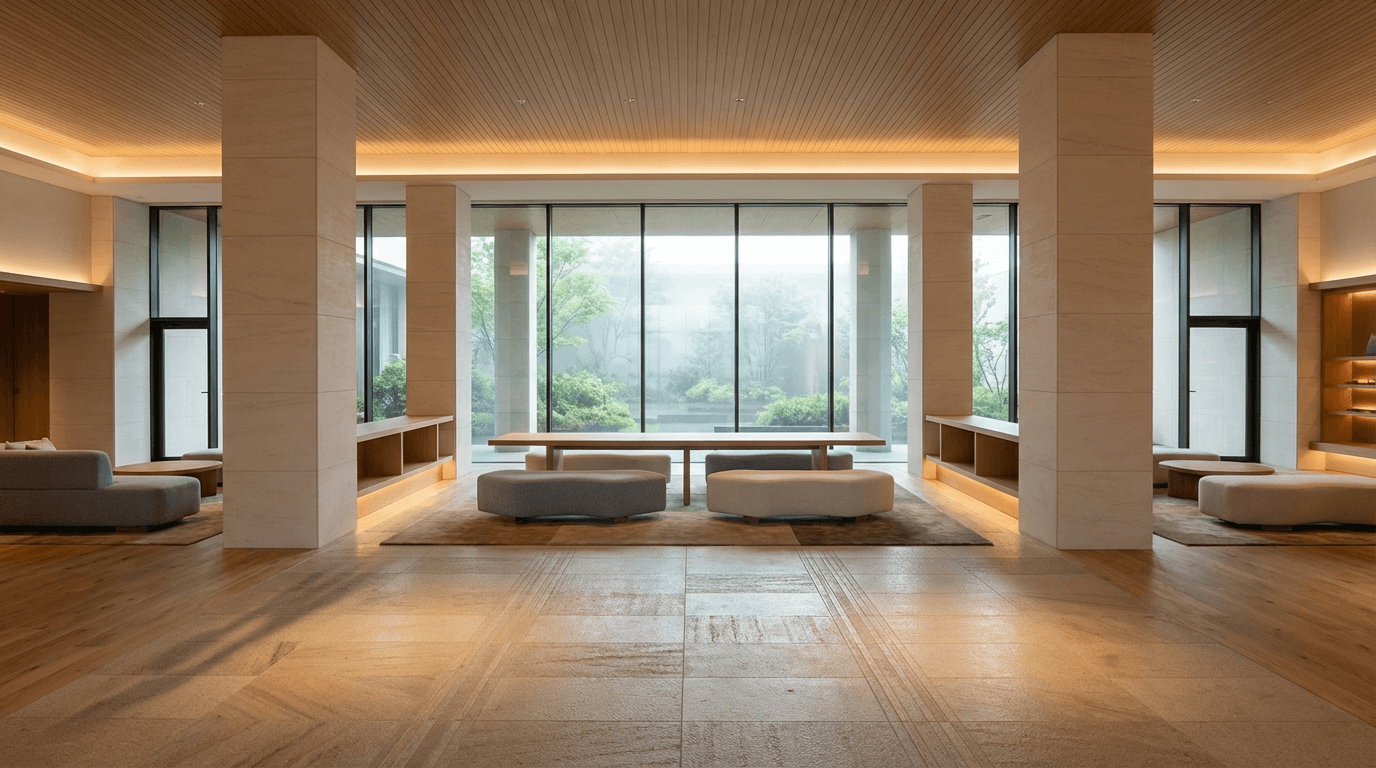 Minimalist modern lounge with floor-to-ceiling windows and low seating overlooking a misty garden.