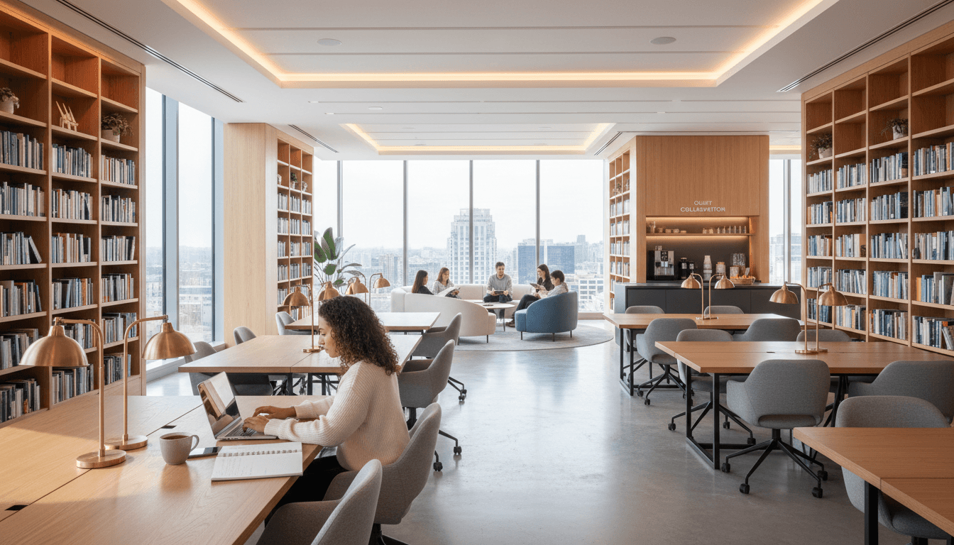 Library and study space with student working