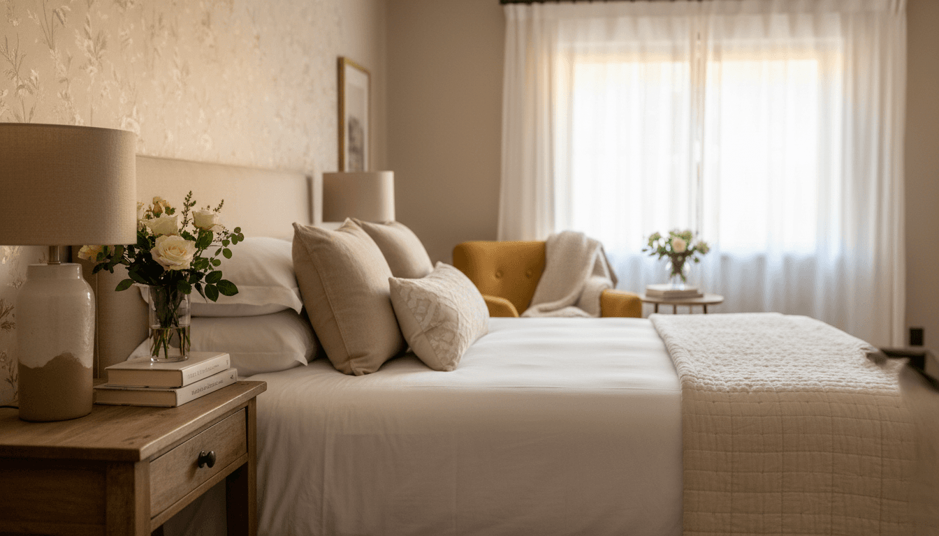 Luxury furnished bedroom in Ebony Living Spaces with natural light and modern amenities