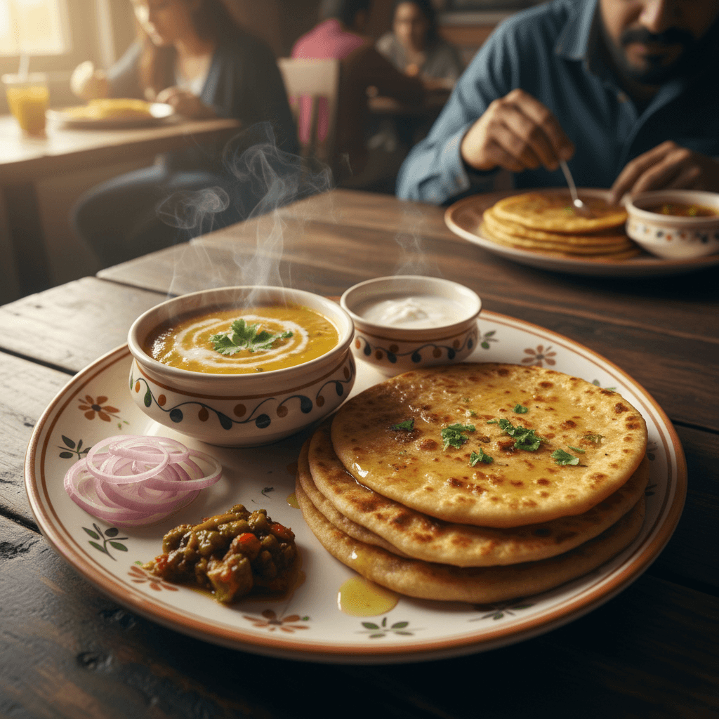 Overhead view of authentic North Indian breakfast with steaming dal, golden parathas, yogurt, and pickles on ceramic plate with natural morning light