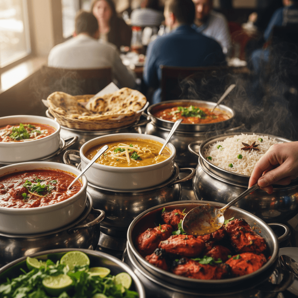 Close-up overhead view of colorful Indian buffet dishes in serving containers, with hand reaching to select food