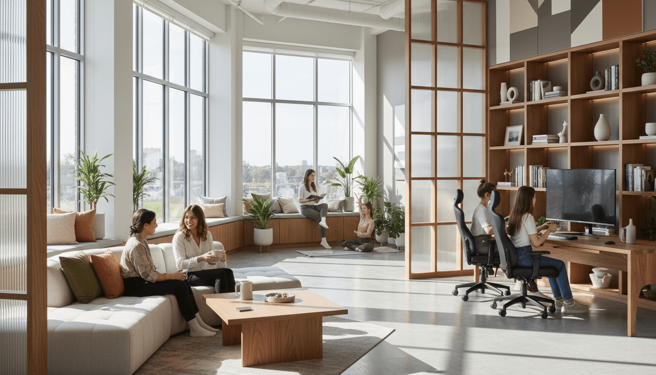 Modern luxury PG common area with comfortable seating and natural light