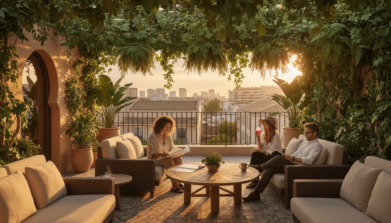 Lush terrace garden with seating and flowering plants