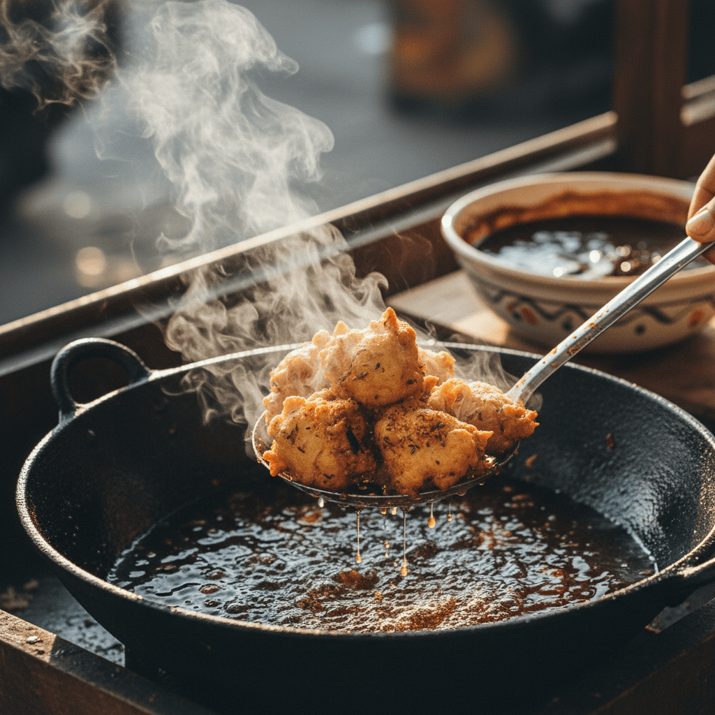 Golden-brown pakora fritters being lifted from hot oil, steam rising, with tamarind chutney in background