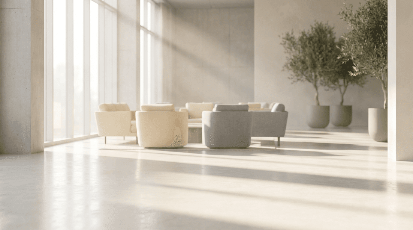 Modern luxury common area at Ebony Living Spaces with warm lighting and comfortable seating where residents relax
