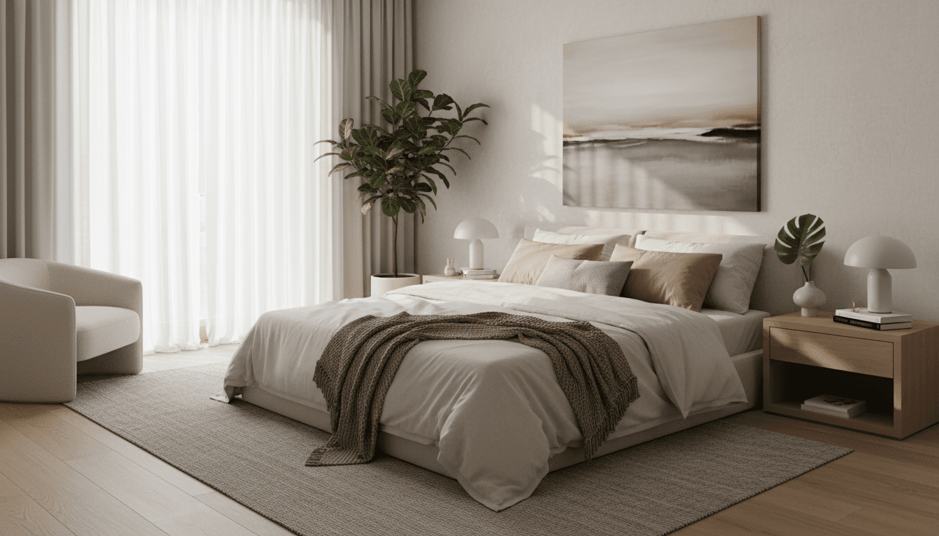 Luxury bedroom at Ebony Living Spaces with attached balcony and natural afternoon light