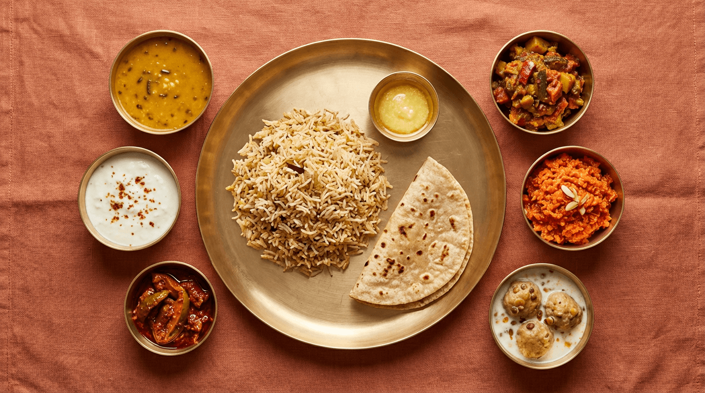 Freshly served lunch thali with rice, dal, vegetables, and yogurt
