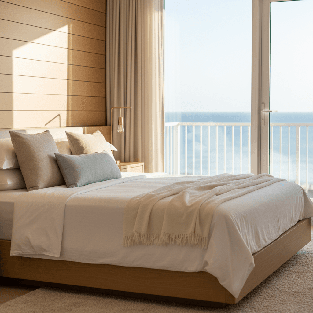 Spacious furnished bedroom with balcony
